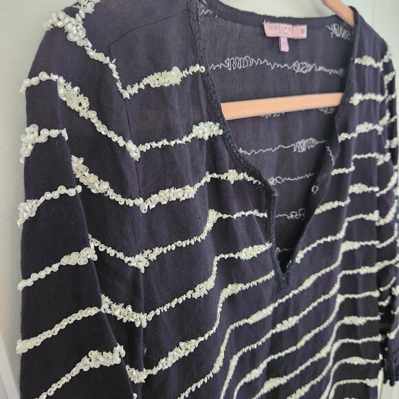 Calypso St Barth Women's Black 100% Linen Beaded Tunic Top Coverup Size Medium - Picture 5 of 9